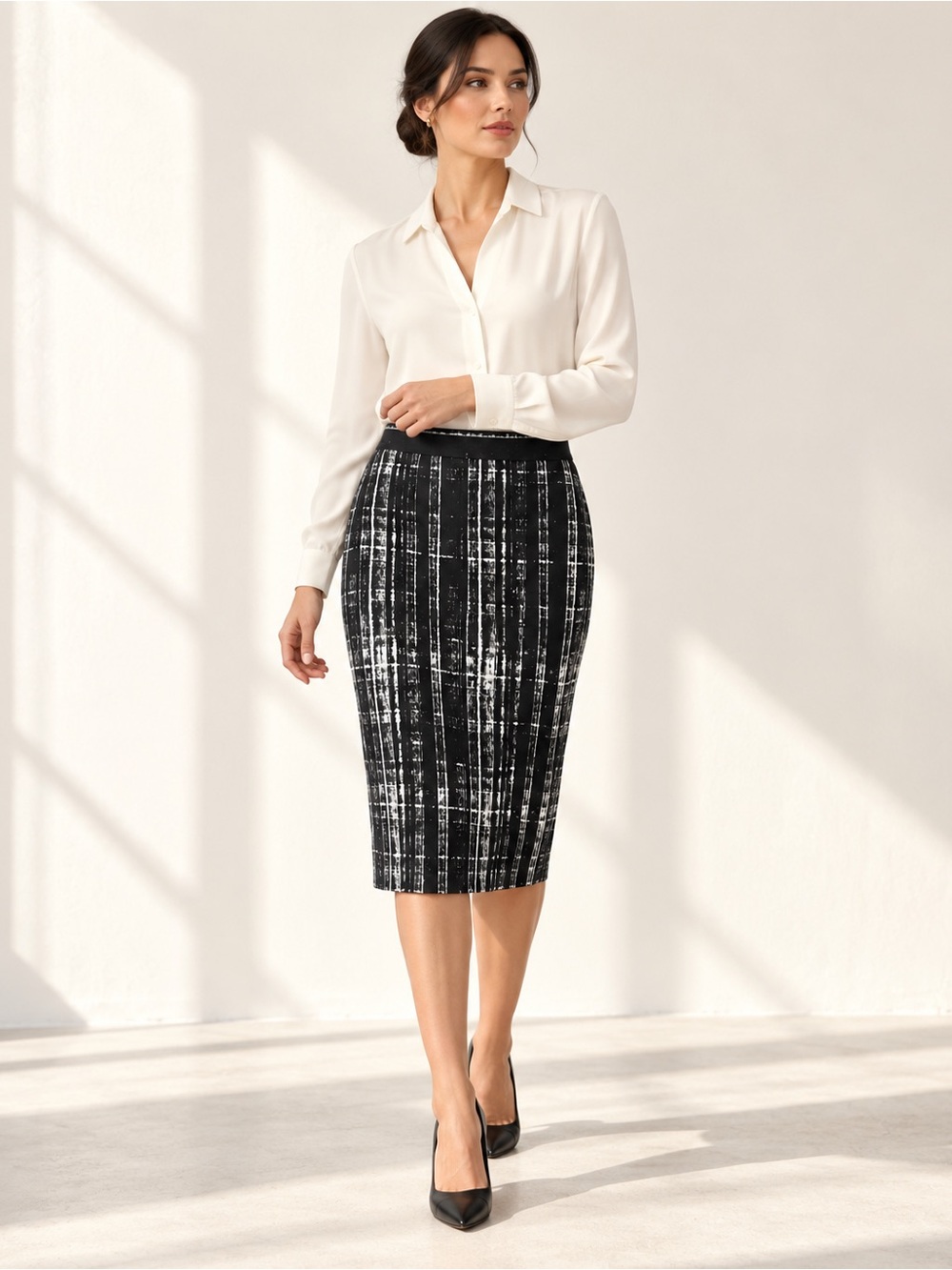 Banana Republic Abstract Print Midi/knee Skirt Black & White Sz 12